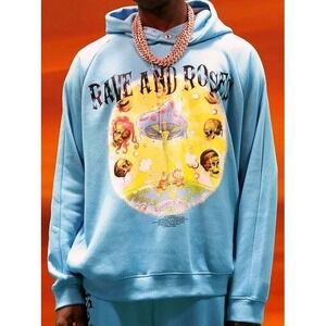 boohoo man Teal Blue‎ Graphic Mushroom Print Soundgasm Streetwear Hoodie Size S